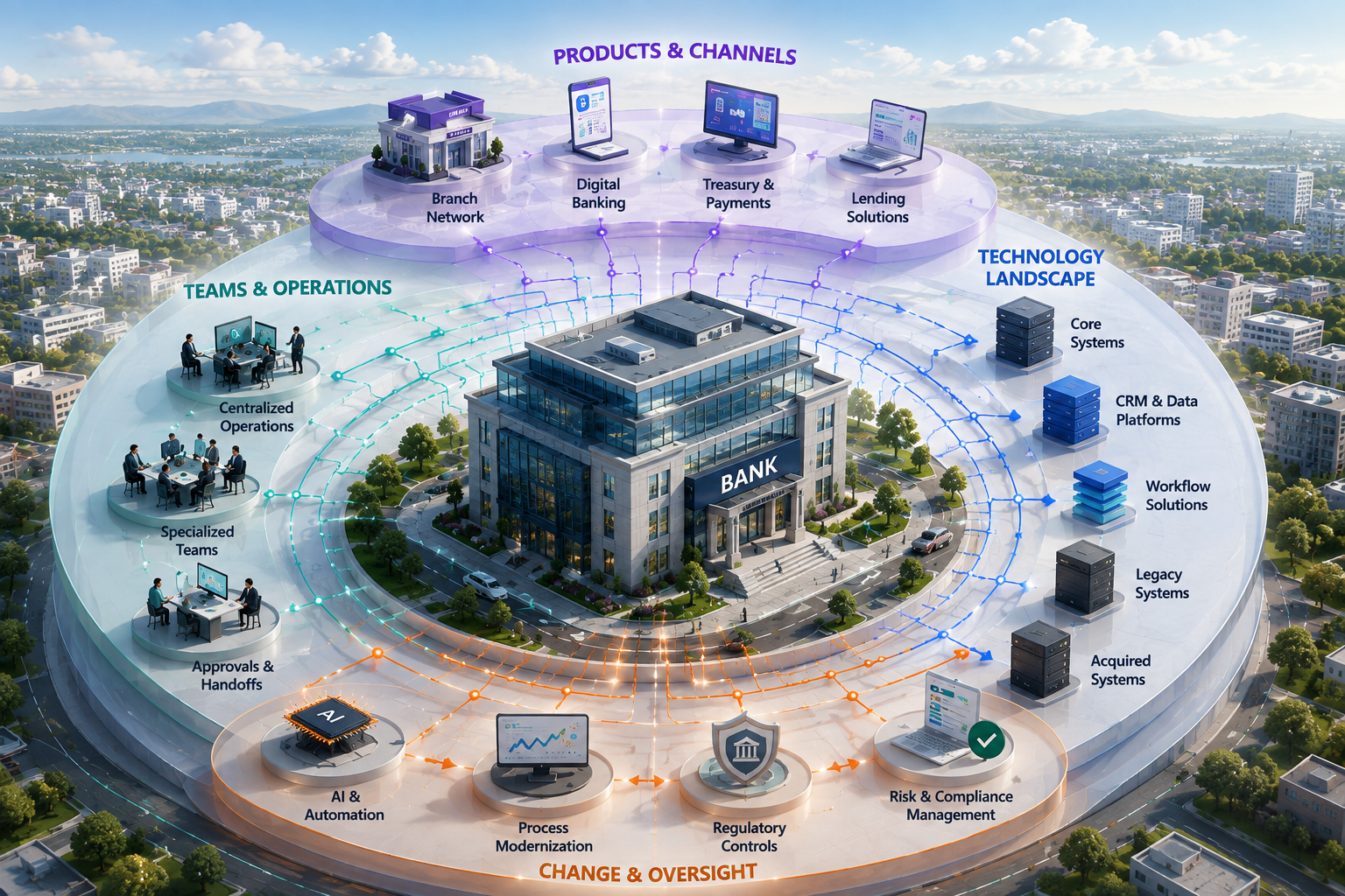 Regional bank growth landscape showing products and channels, teams and operations, technology landscape, and change and oversight around a growing bank